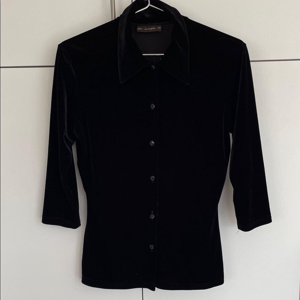 Plice Accomplice Black Velvet 3/4 Sleeve Side Slit Button Up Shirt Made In Canad